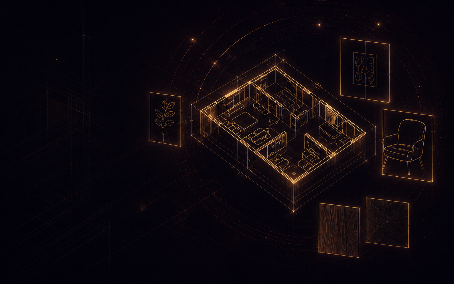 Geometría arquitectónica dorada del atelier nocturno CREATE AI