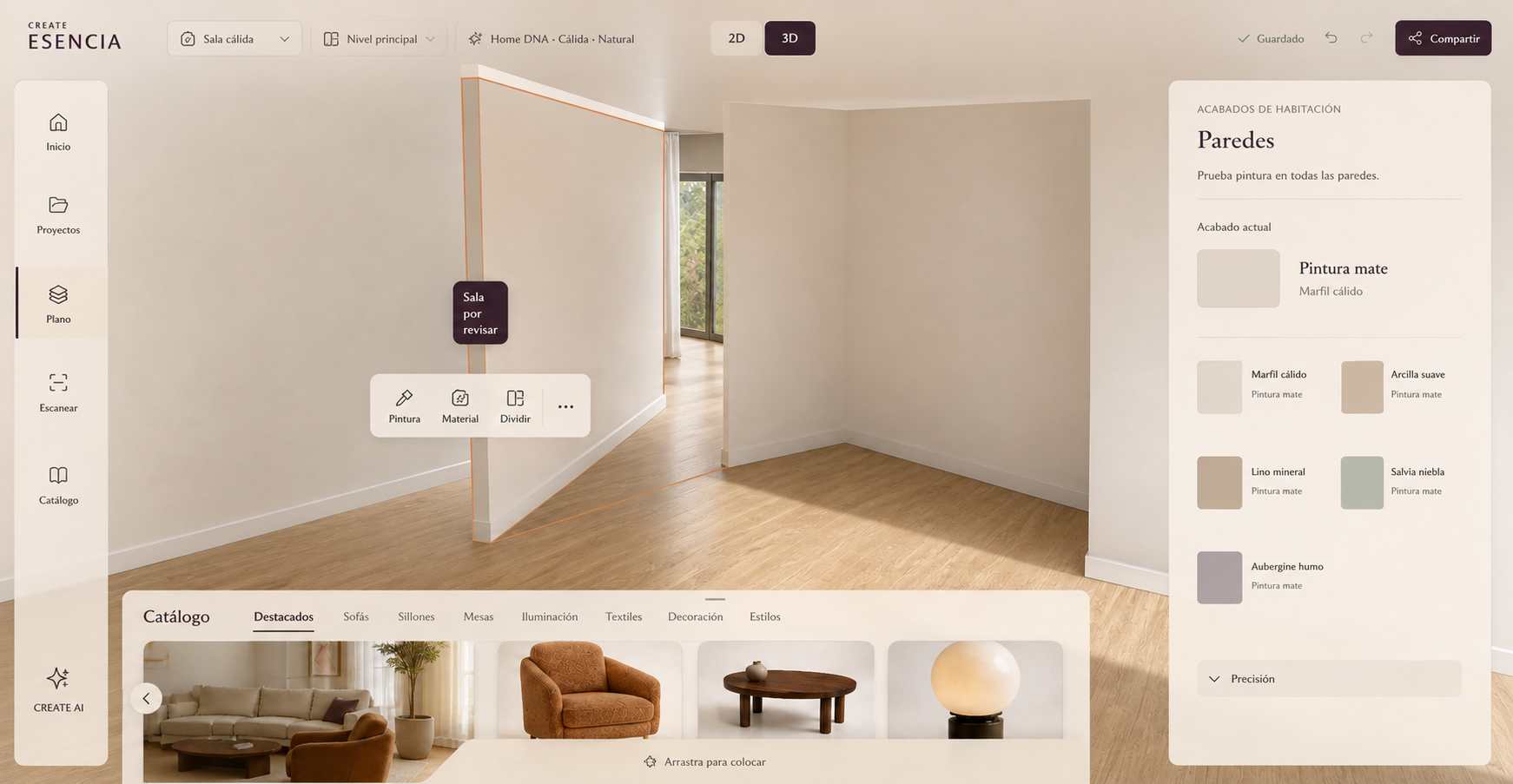 CREATE ESENCIA Studio con una habitación realista, catálogo e inspector de materiales