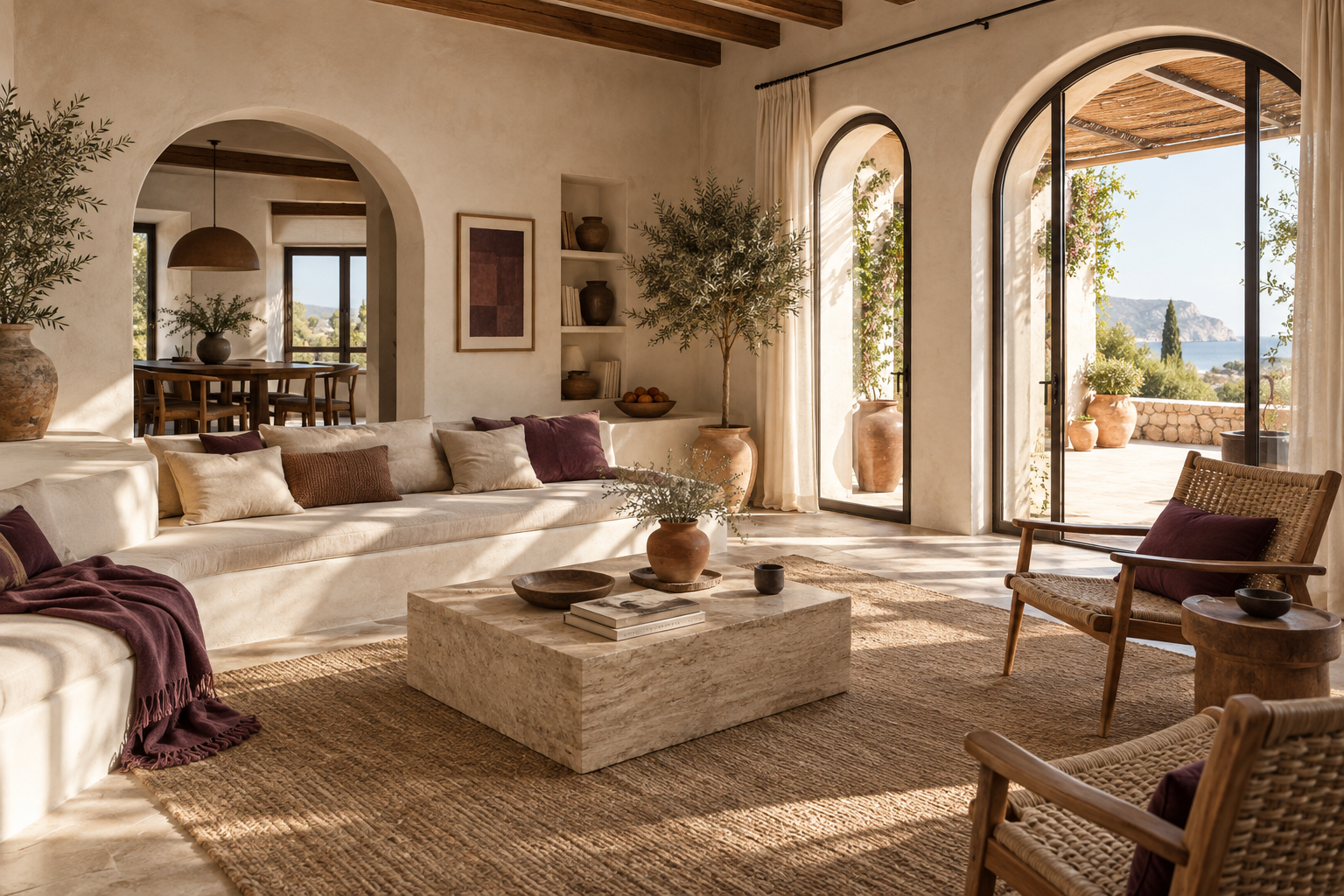 Sala mediterránea abierta a una terraza con arcos, estuco, travertino y fibras naturales
